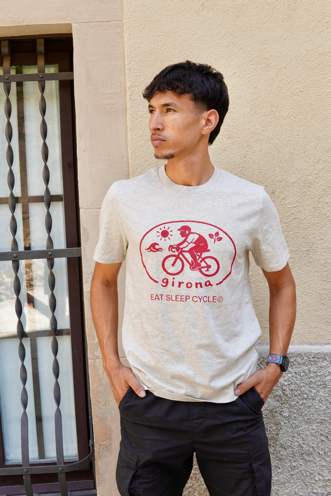 Girona Cyclist Stamp T-Shirt - Vintage White