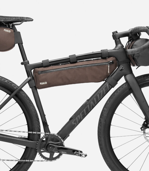 bikepacking frame bag brown bike detail pedaled scaled